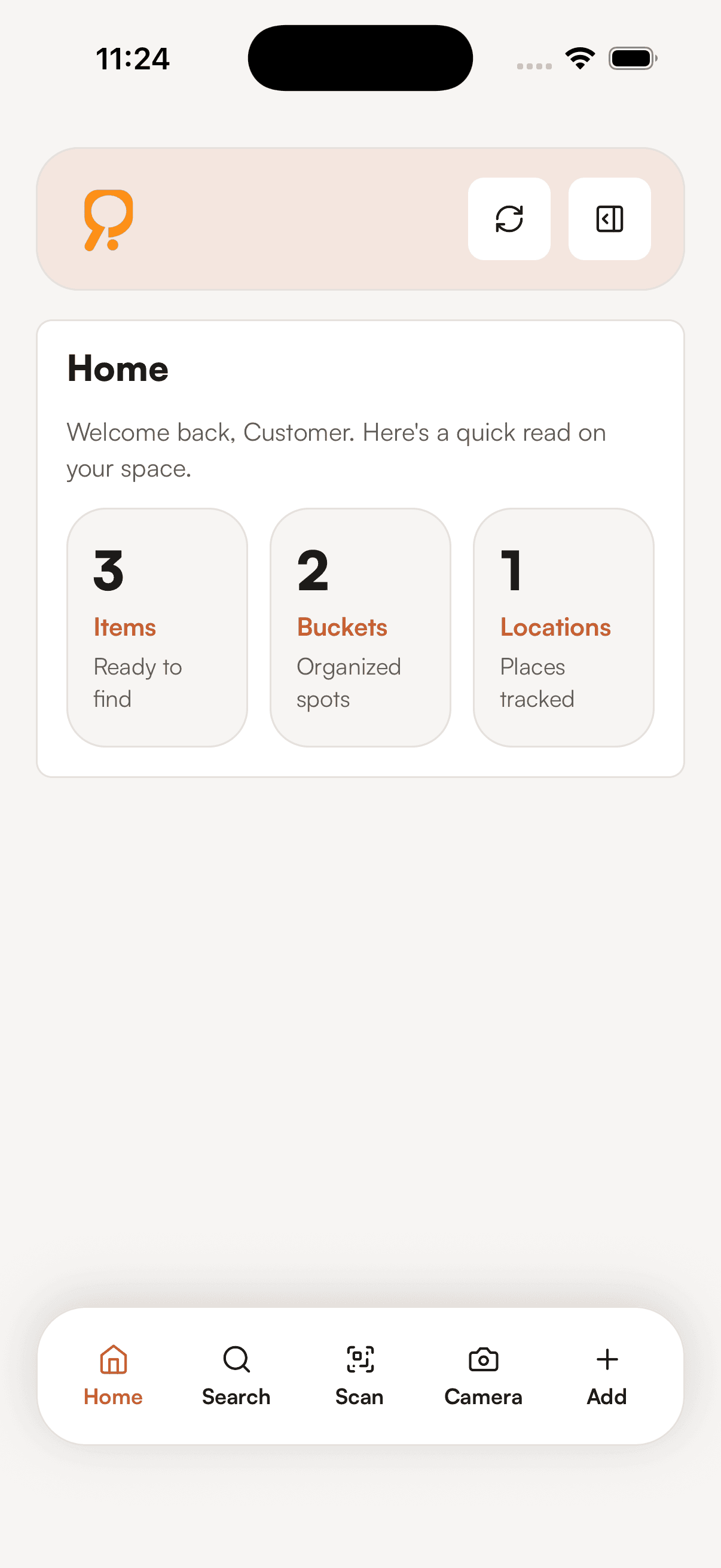 ASA iPhone home screen showing items, buckets, and locations summary cards.