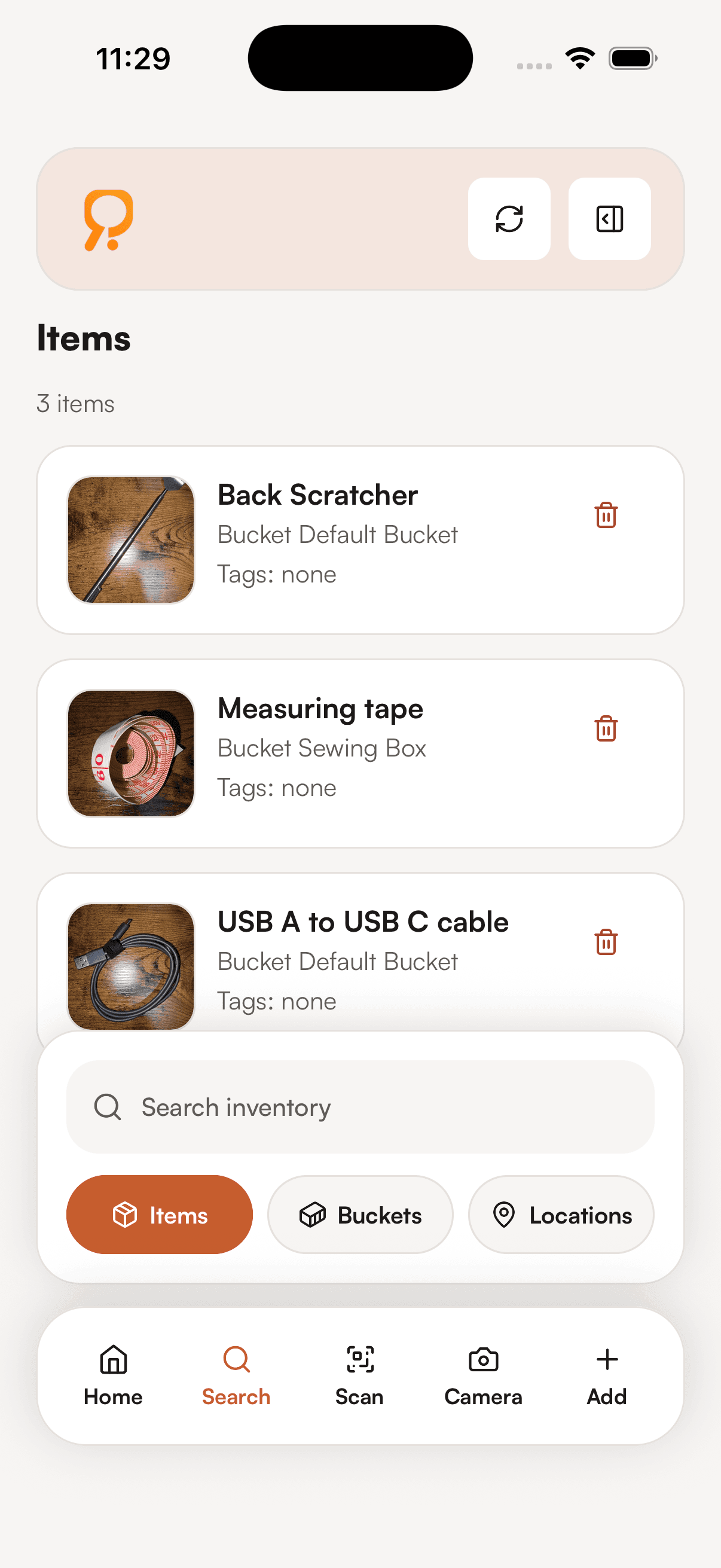 ASA iPhone search screen showing inventory results and filter chips for items, buckets, and locations.
